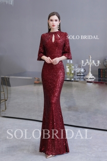 Wine red shiny sequin evening dress Q244531