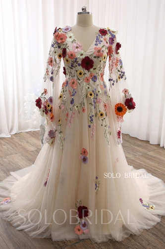 Champagne A line V neck Bell Long Sleeves Flowers Court Train Wedding Dress DPP_0054