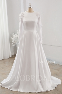 White Muslim Long Sleeve High Neck Sweep Train Wedding Dress 724A0030