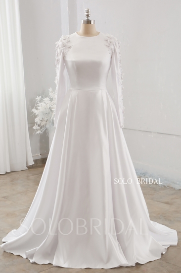 White Muslim Long Sleeve High Neck Sweep Train Wedding Dress 724A0030