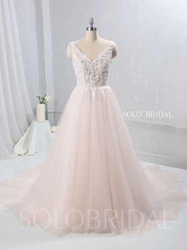 Blush Pink A Line Tulle Wedding dress V Neckline 724A9497a