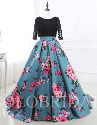 Black lace top blue roses printed satin skirt wedding dress E264031
