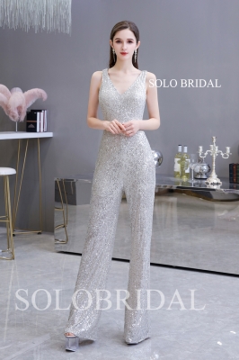 Silver shiny sequin trousers evening dress Q204471