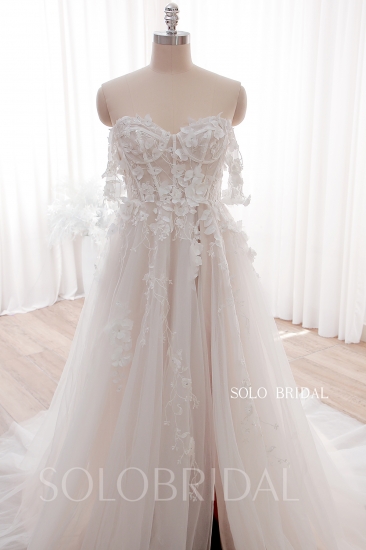 Ivory Blush Off Shoulder Split A Line Wedding Dress