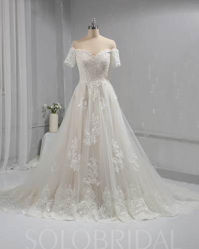 Short Off Shoulder Sleeves Tulle Lace Wedding Dress Big Volume 724A5180a