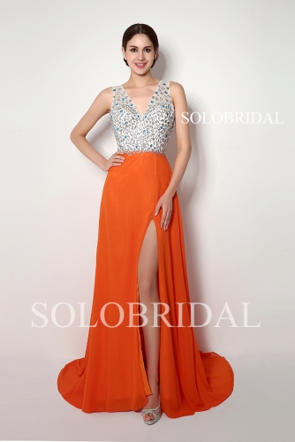 Orange chiffon split party dress full shiny diamond bodice B23256