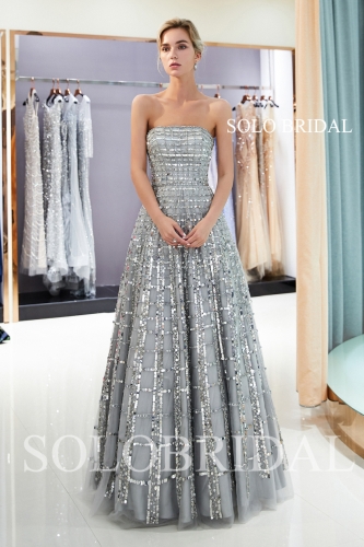 Grey shiny square lace proom dress J717031