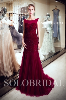 Wine red luxury fit and flare tulle proom dress J947081