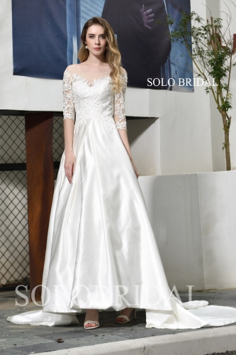 Ivory illusion a line satin wedding dress P323871