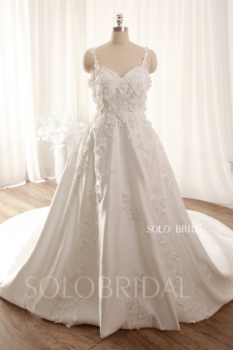 Ivory 3d Flowers Bridal Satin Long Tail Ball Gown Wedding Dress DPP_0058