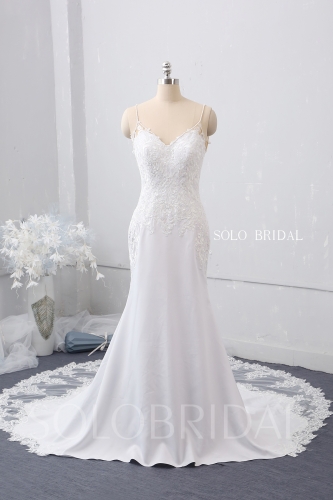 white V neck thin straps low back lace train crepe fit and flare wedding dress cathdral train 724A8682