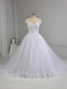 White Ball Gown Sparkling Tulle Skirt Off Shoulder Wedding Dress 724A0007