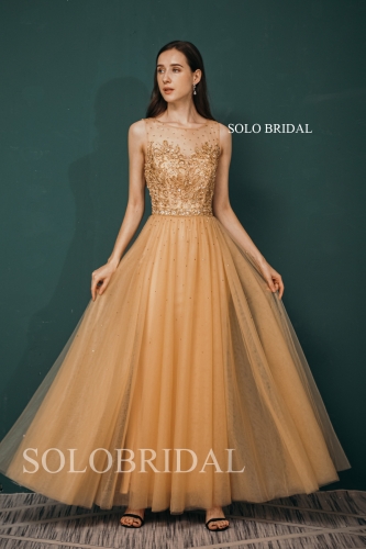 Gold A-line Illusion Neck Sleeveless Tulle Bridesmaid Dresses