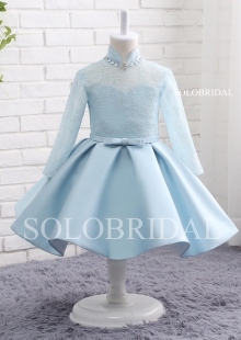 Tiffany blue satin and lace long sleeves collar flower girl dress A15816