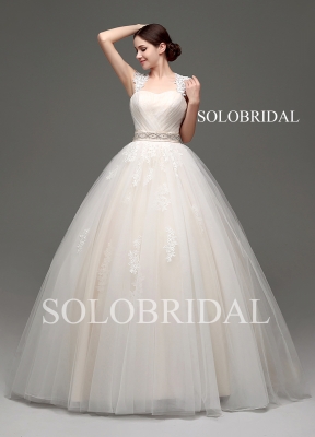 Light champagne ball gown lace up strapless sweep train wedding dress B30233
