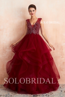 Red tulle ruffle proom dress N593621