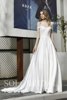 Ivory A line off shoulder satin wedding dress P323821
