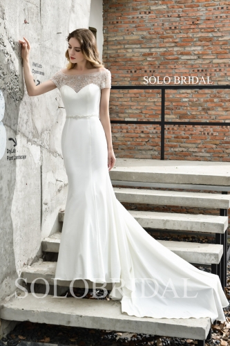 Ivory crepe fit and flare wedding dress P503811