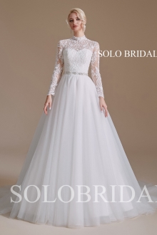 Ivory A line Long Sleeve High Neck Lace Wedding Dress 2110691
