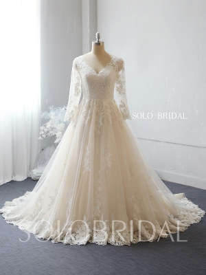 Ivory V neck long sleeves france lace wedding dress 724A2144