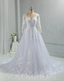 Sweetheart court train flat cotton lace Skin color bodice long sleeves wedding dress 724A6127a