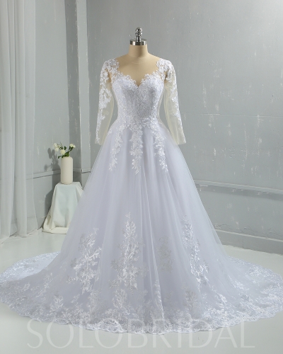 Sweetheart court train flat cotton lace Skin color bodice long sleeves wedding dress 724A6127a
