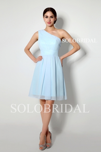 Sky blue a line chiffon knee length one shoulder zipper back bridesmaid dress B14260