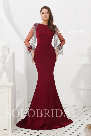 Wine red fit and flare crepe proom dress L463216