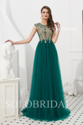 Light green wrap gold lace tulle proom dress L593241