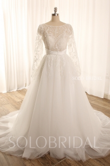 Ivory long sleeve A line leaf sparkly tulle wedding dress