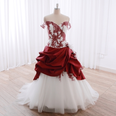 White Red Ball Gown Off Shoulder Taffeta Wedding Gown DPP_0037