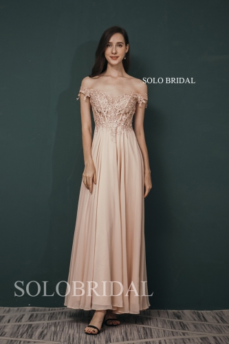 Pink Off Shoulder Long Seen Through Lace Top Chiffon Bridesmaid Dresses