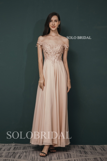 Pink Off Shoulder Long Seen Through Lace Top Chiffon Bridesmaid Dresses