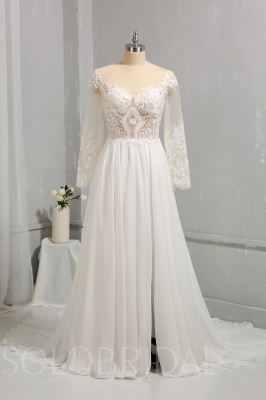 Ivory Chiffon Dress Tulle Long Sleeves with Slit 724A8037