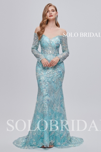 3810711 Tiffany Blue Off Shoulder Long Sleeve Fit and Flare Evening Dress