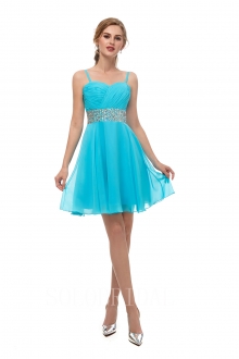 Sky blue short bridesmaid dress beaded belt I156711