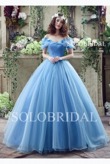 Blue off shoulder cinderella princess coset back butterfly organza wedding dress C26240