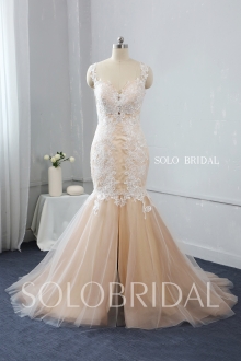 sweetheart deep bustline tulle lace strap mermaid split side zipper wedding dress 724A3454