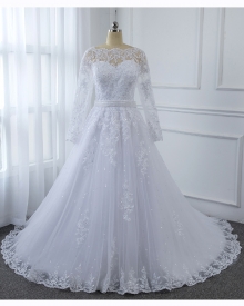 White Long Sleeve Lace Dress Hemlace Skirt Sequin Tulle Wedding Dress