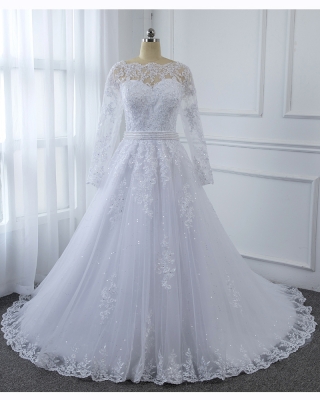 White Long Sleeve Lace Dress Hemlace Skirt Sequin Tulle Wedding Dress