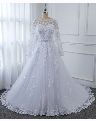 White Long Sleeve Lace Dress Hemlace Skirt Sequin Tulle Wedding Dress