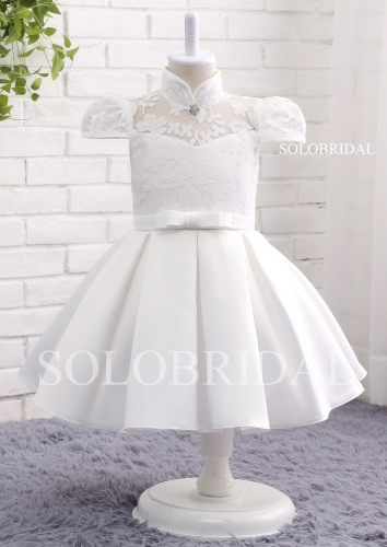 Ivory mandarin collar satin flower girl dress A12813