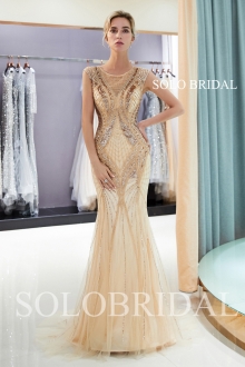 champagne fit and flare shiny proom dress J847021