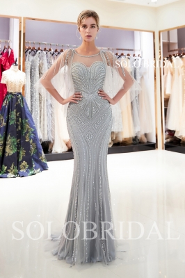 Grey and champagne tulle beading lines shiny proom dress J946821