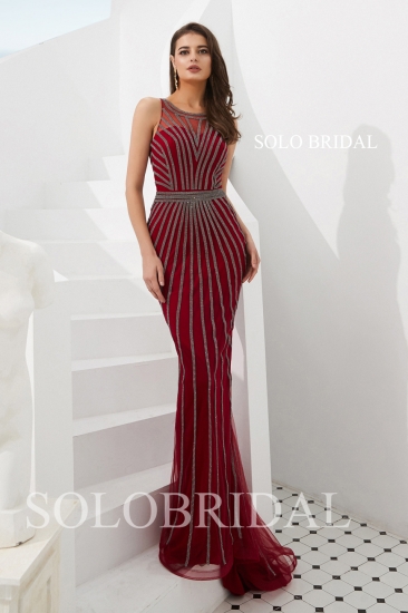 Wine red sheath beaded proom dress L553021