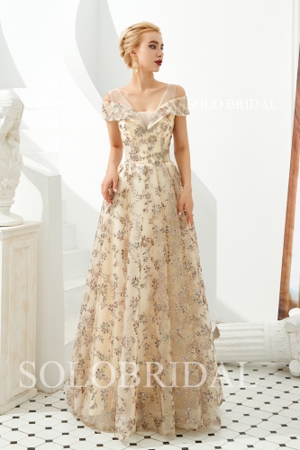 Champagne organza leaf lace proom dress M313321