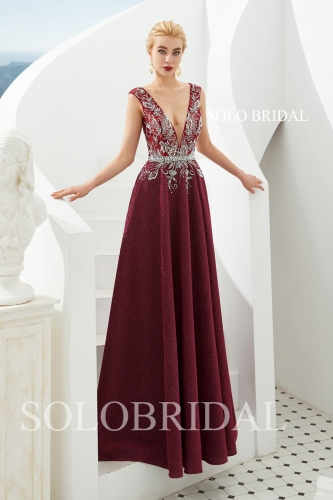 Shiny burgundy small a line proom dress M613301