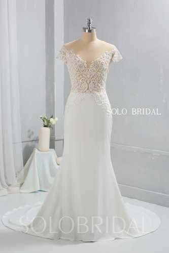 Ivory Crepe Fitted Wedding Dress Fully beaded Sexy Bodice 724A9778