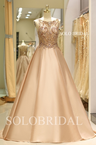 Golden beaded satin a line proom dress K537181