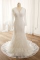 Ivory Fit and Flare Lace Long Sleeve V Neck Wedding Dress 724A9881
